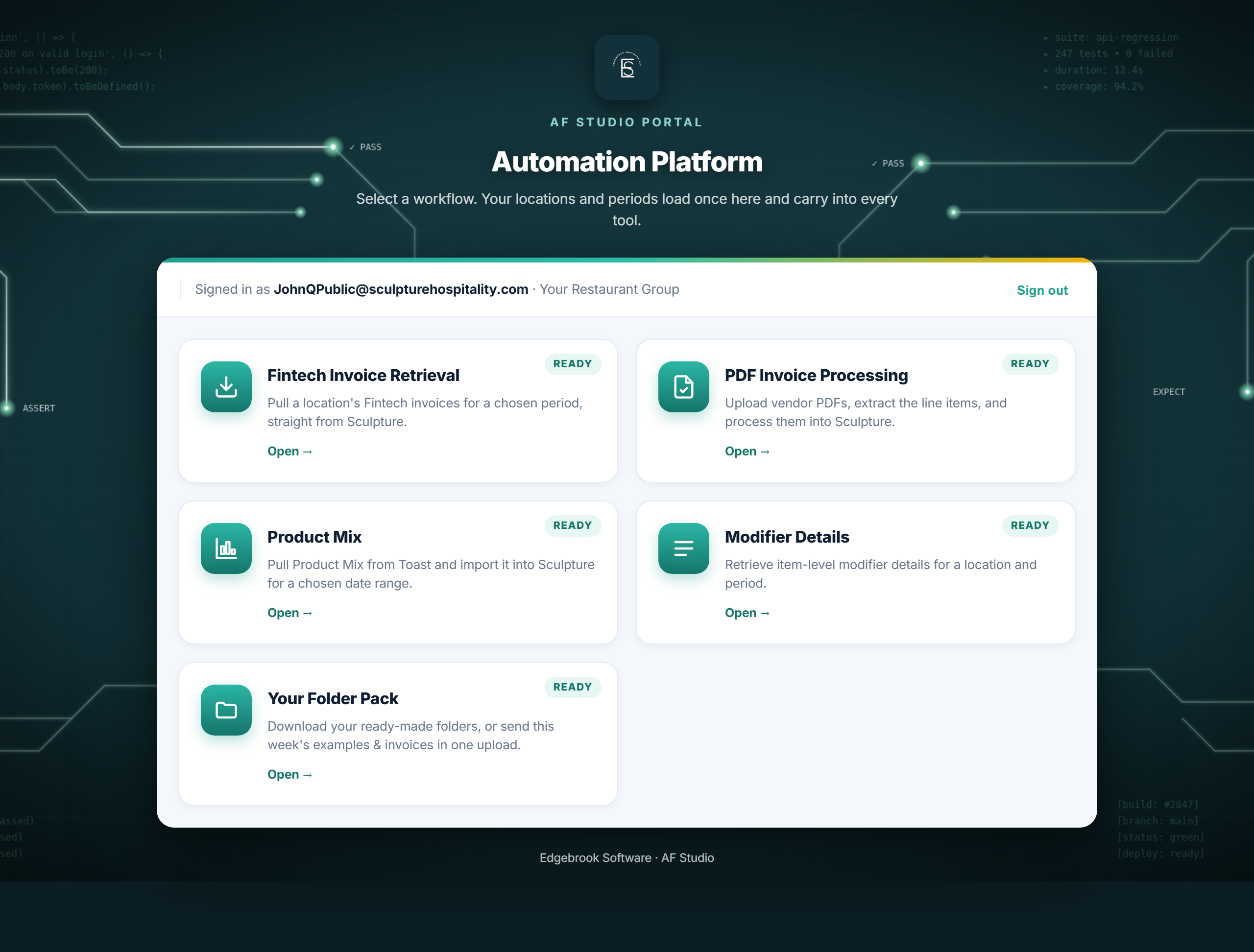 AF Studio workflows home with the available tools