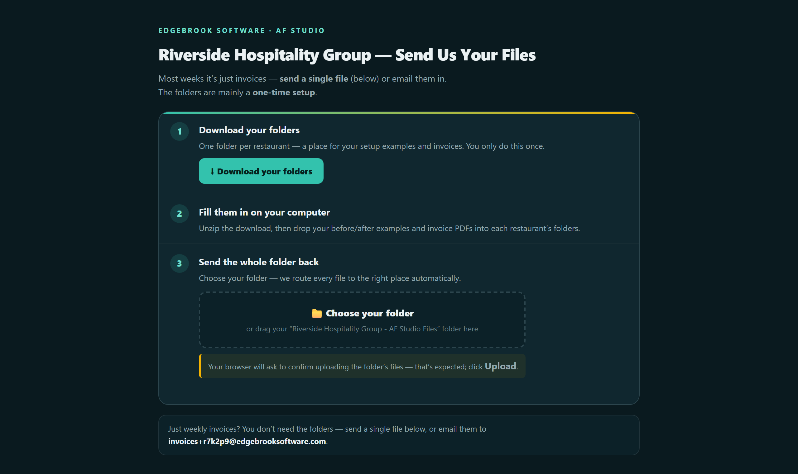 Send us your files — the folder pack upload screen